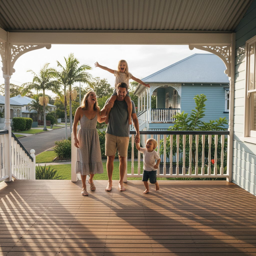 Happy Brisbane family celebrating new home purchase
